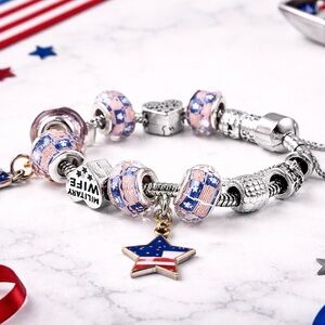 Chroma Military Wife Charm Bracelet | Enamel Star | Silvertone | 6.75”